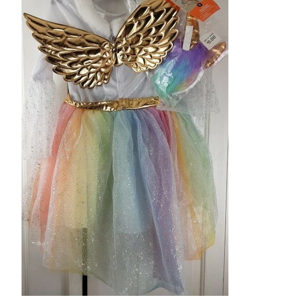 Girls Rainbow Unicorn Halloween Costume Dress with Attached Wings Sm Med Lar NWT - Picture 4 of 5